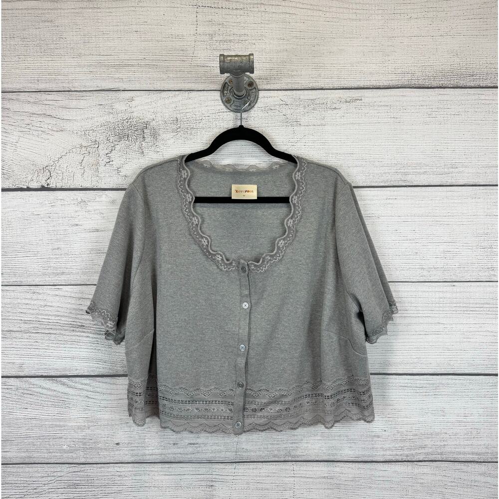 Lovefool Plus Size Ribbed Lace Trim Button Front Crop Short Sleeve Top Size 4X